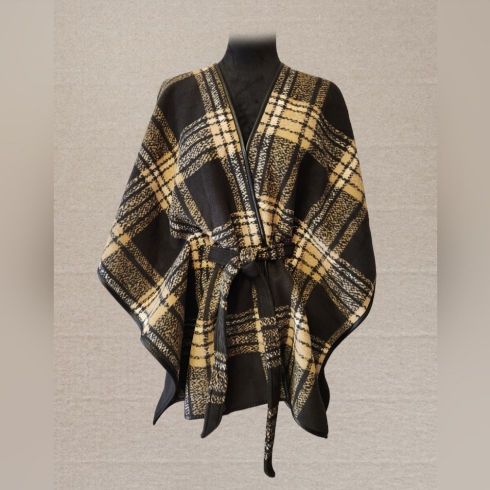 RACHEL Rachel Roy Black Beige Plaid Fleece Poncho Tie Waist NWT S/M